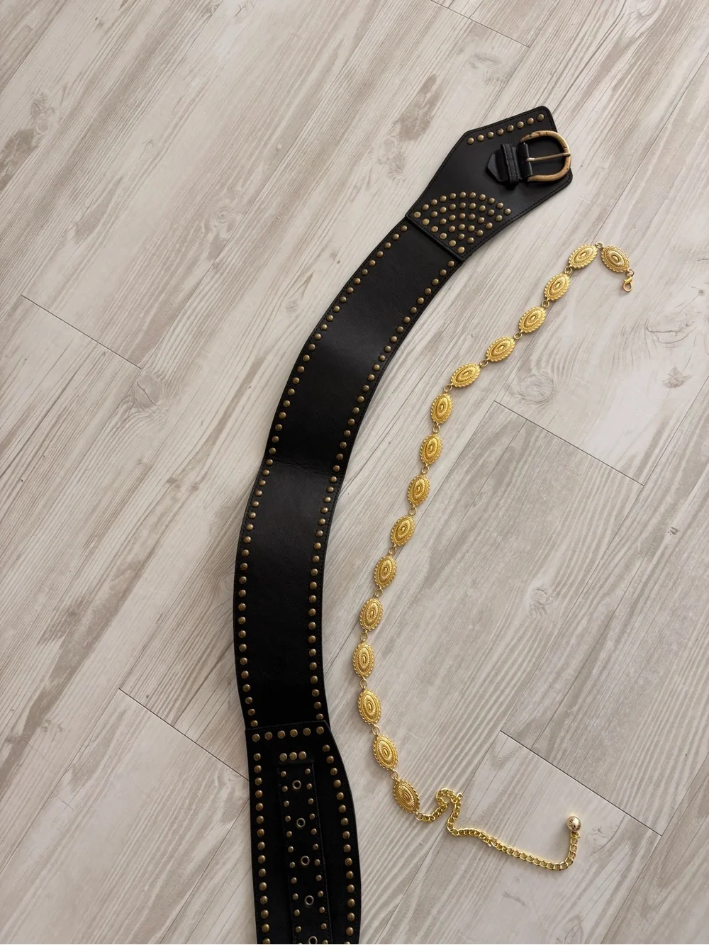 Black Studded Wide Leather Belt with Gold Chain Accent